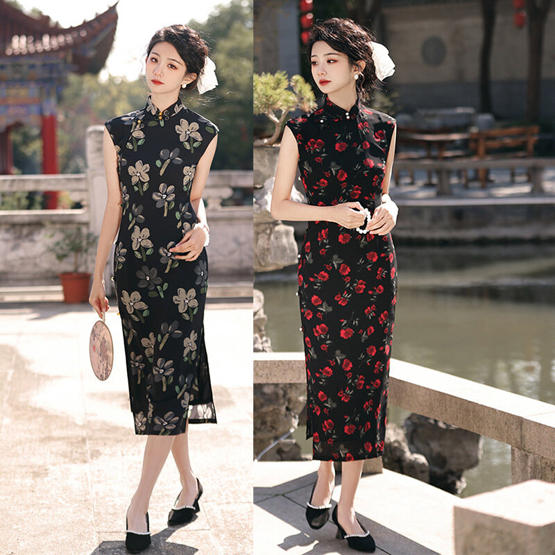 Lady Print Flower Cheongsam Mandarin Collar Satin Party Dress Gown Vintage Button Chinese Traditional Sleeveless Qipao