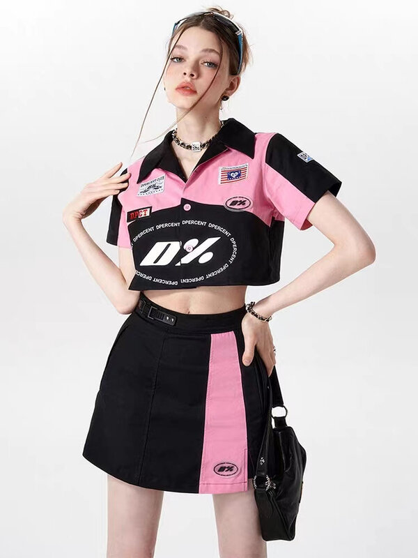Anzug y2k Vintage süß cool Wind Motorrad Frauen Kurz druck Baseball Uniform Rock Rock Hüftrock sexy tragen zweiteilig se