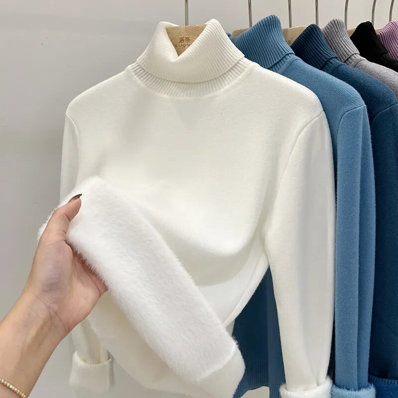 Women's Thicken Turtleneck Sweater Korean Fashion Lined Warm Knitted Bottoming Shirt Slim Tops Winter Knitwear Casual Pullover