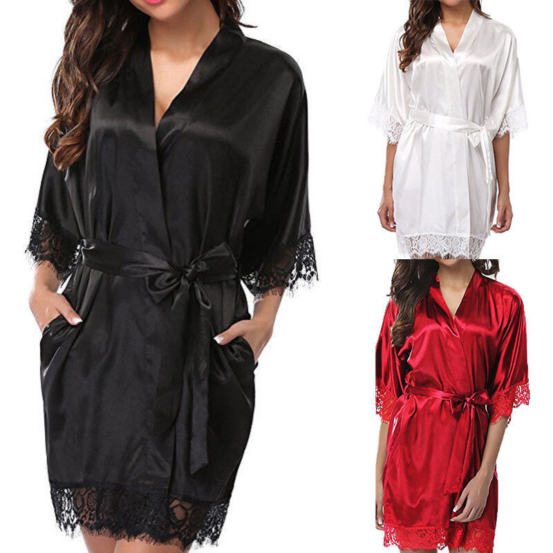 Женская шелковая пижама Iace, ночные рубашки, ночная рубашка с коротким рукавом, ночная рубашка, черный кружевной халат, Гладкий мягкий удобный чистый цвет