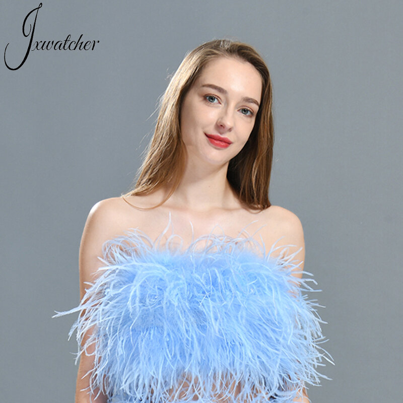 Jxwatcher-Sujetador largo de plumas de tubo de avestruz para mujer, Top corto sin mangas, ropa interior Sexy, chaleco de fiesta