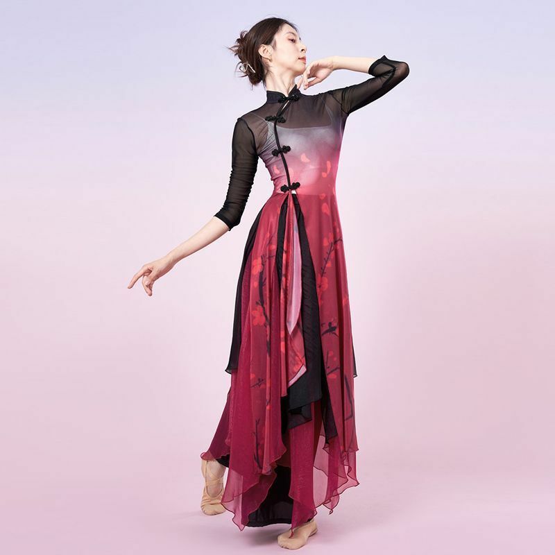 New Classical Qipao Elegant Chinese Wind Dance Dress Rhyme Gauze Dress Folk Dance Dress Dress Dress Training