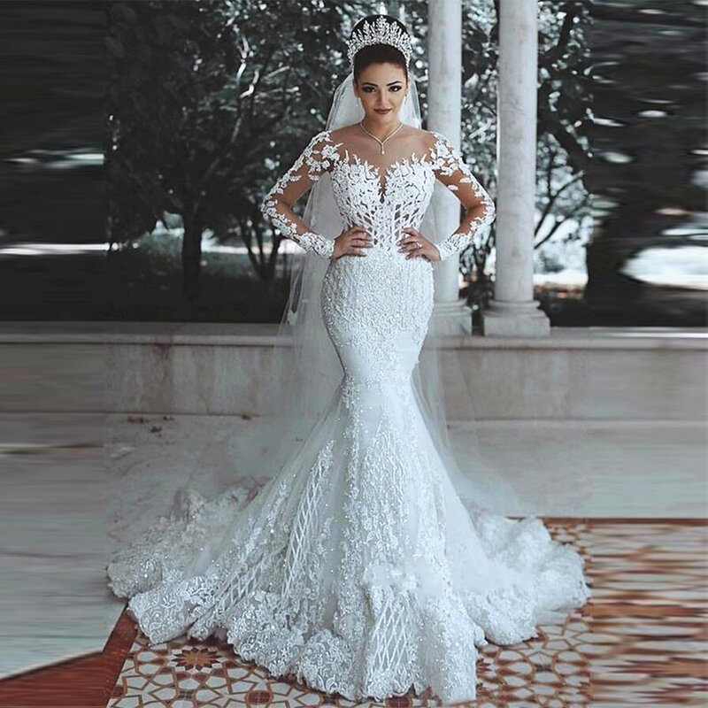 Muslim Shiny Lace Bridal Gowns Mermaid Luxury Women's Fashion Illusion Decal Long Sleeve Wedding Dress 2023 Vestidos De Mujer