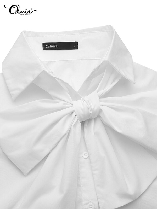 Celmia elegancki biały koszule 2022 moda damski krawat z kokardką z długim rękawem topy w stylu Casual, imprezowa bluzka letnia tunika solidna Blusas Femininas