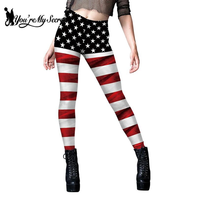 [You're My Secret] Legginsy dla kobiet Dzień Niepodległości 3D Flaga z nadrukiem w paski Spodnie ze średnim stanem Elastyczny dół Prezent na przyjęcie świąteczne