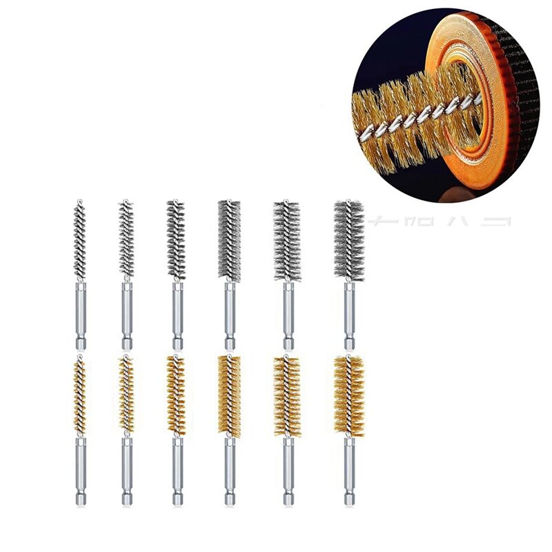 12 Piece Wire Bore Brush Wire Twisted Brush Stainless Steel For Drill Impact Driver In 6 Sizes