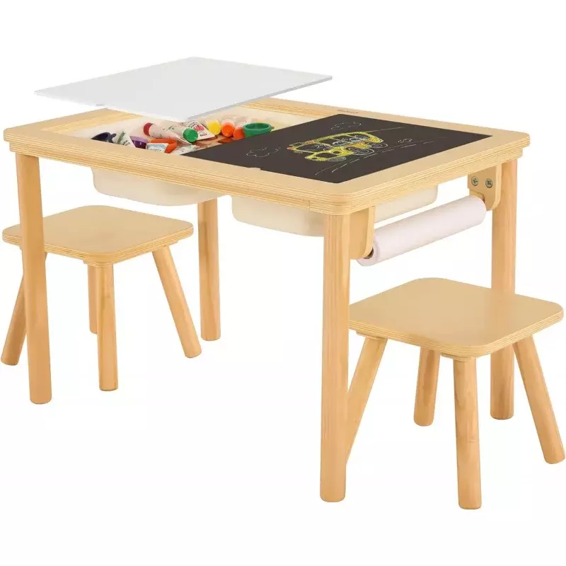Mesa sensorial con 2 sillas y 1 rollo de papel, mesa multifunción de madera para arena y agua con tablero de doble cara y 2 Foldabl