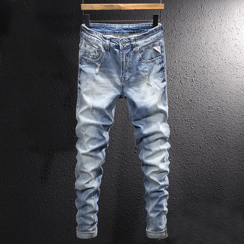 Projektant mody męskie jeansy światło Retro niebieskie elastyczne Slim Fit porwane jeansy męskie spodnie Vintage Casual Stretch spodnie dżinsowe Hombre