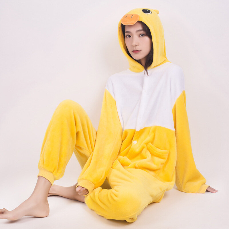 Gele Eend Cartoon Onesies Winter Animal Pyjama Kigurumi Cosplay Anime Kostuums Halloween Familie Onepiece Fleece Nachtkleding Set