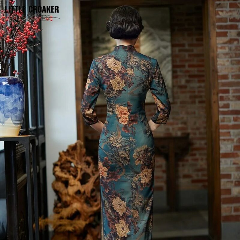Damska chińska 2023 nowa Chinoiserie jesień Cheongsam Qipao zmodyfikowana długa sukienka Qipao długa zmodyfikowana w stylu Vintage