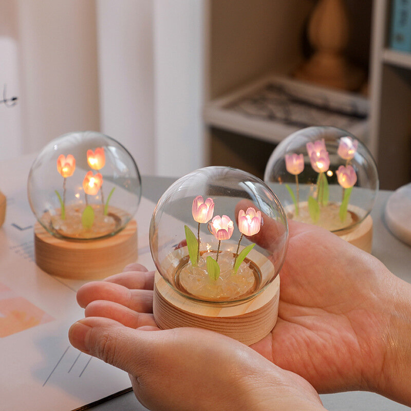 Veilleuse boule de verre de cristal de tulipe de LED, mini lampe de fleur, ornement de chambre à coucher à la maison, décoration de fête de mariage, cadeau d'anniversaire de bricolage