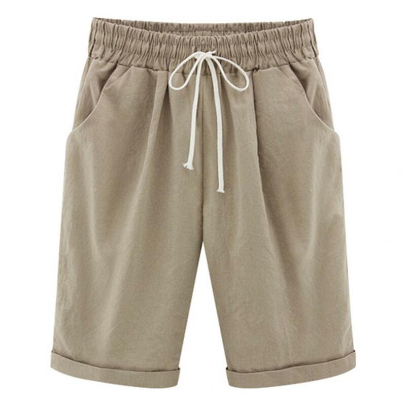 Celana pendek pengangkat pantat wanita, gaya selutut musim panas dengan tali serut pinggang elastis desain kaki lebar sisi untuk wanita
