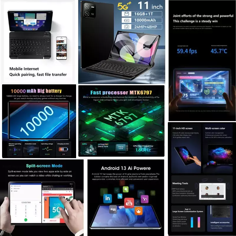 Pad 6 Pro Versão Global Tablet, Android 13, 16GB + 1T, 10000mAh, 5G, Dual SIM, Chamada Telefônica, Wi-Fi, Mi, PC, 11 ", HD, 4K, original, 2024