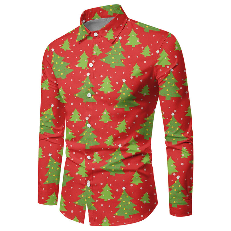 Mannen Button Down Shirt Kerst Casual Lange Mouw Party T Dress Up Top Blouse Santa Claus Festival Shirt Mode Heren Kleding