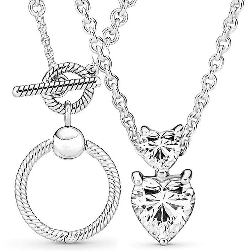 Moments Sparkling Double Heart Pendant T-bar Collier collana per gioielli in argento Sterling 925 con perline fai da te