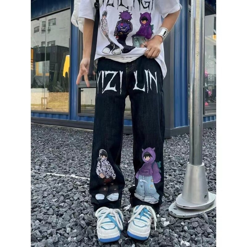 Pantalones vaqueros estampados personalizados para mujer, Jeans rectos de estilo gótico americano Y2K, Pantalones vaqueros de Hip-Hop para parejas, pantalones de calle simples