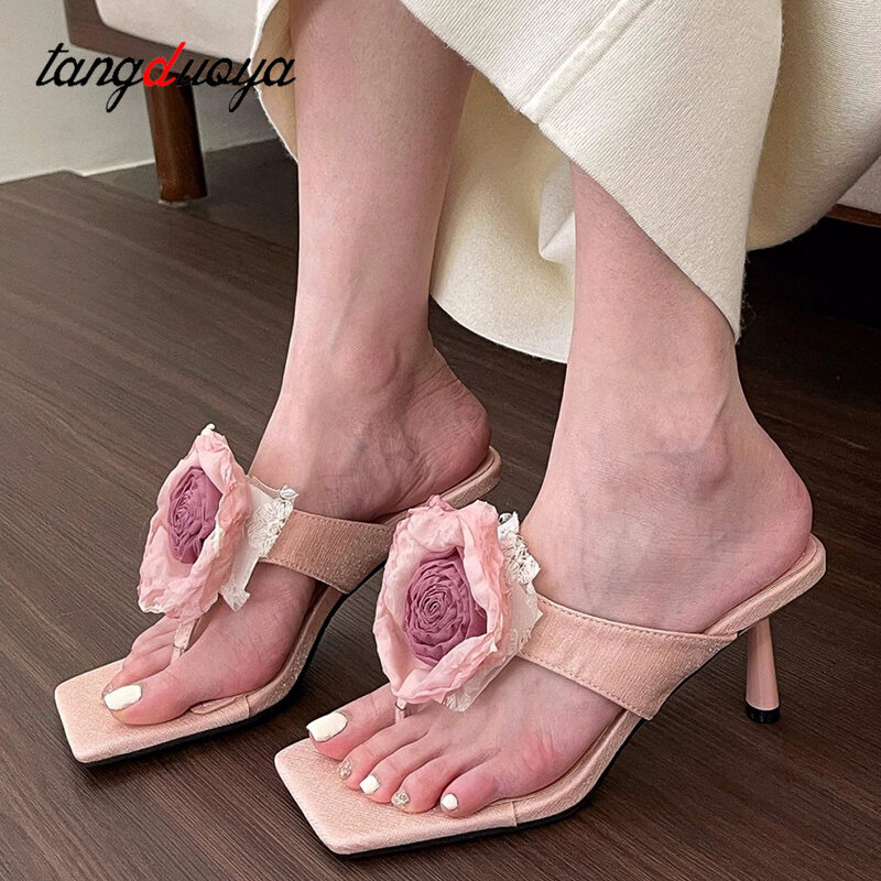 Sandálias Flower Stiletto para mulheres, chinelos glamorosos, chinelos, sapatos da moda, calçados, novos
