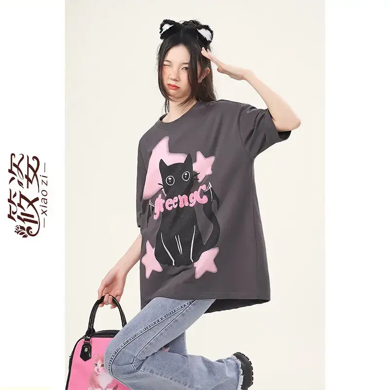 Harajuku ผ้าฝ้าย Star Cat เสื้อยืดผู้หญิง2023ฤดูร้อนหลวมสบายๆด้านบน Goth ขนาดใหญ่เสื้อผู้หญิงโกธิคเกาหลี y2k Tops