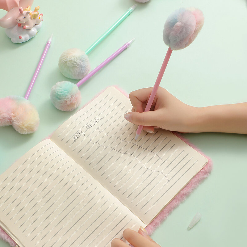 Cute Plush Ballpoint Pen Creative Heart-Shaped Fur Ball Cartoon Pen Student Stationery Supplies School Gift Writing Tools