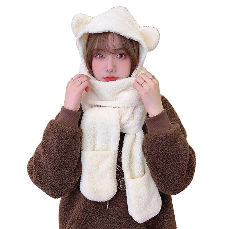 M2EA Модные женские плюшевые шапки перчатки шарф 3 в 1 костюм мультяшный медведь в форме уха теплые шапки шапка для взрослых зимняя шапка для подростков