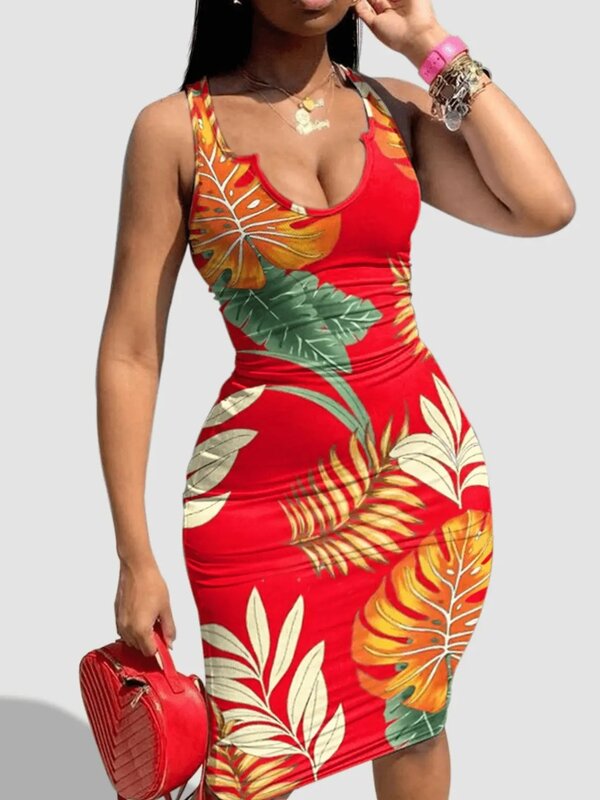 LW Floral Print Bodycon Cami Midi Dress Boho Spaghetti Strap Skinny U Neck Sleeveless Vacation Wrapped Skirt Summer Vestidos