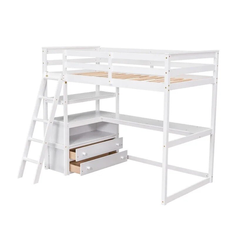 Podwójne łóżko na poddaszu z biurkiem i półkami, dwie wbudowane szuflady, dostępne miejsce do przechowywania, odpowiednie do pokoi dziecięcych, białe