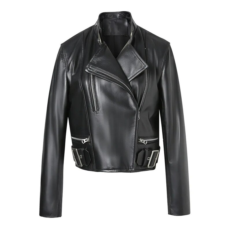 2022 New Lady giacche in pelle Biker vera pelle di pecora cappotto corto cerniera Solid Fashion antivento capispalla moto 3566