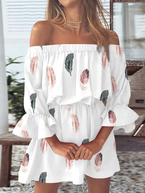 여름 캐주얼 여성 하프 플레어 슬리브 파티 드레스, 인쇄 슬래시 넥 미니 드레스, 스위트 섹시 홀리데이 스트리트웨어