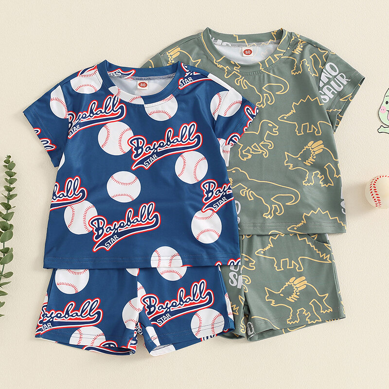 Toddler Baby Boy Summer Outfits Short Sleeve Dinosaur/Baseball Print Tops + Shorts Set Clothing