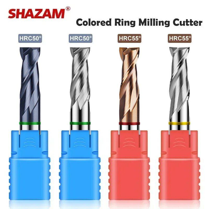 Shazam Hrc50/Hrc55 2-Fluit Kleurrijke Ring Freesmachine Wolfraam Staal Carbide Platte Einde Molen Cnc Mechanische Endmills Gereedschap