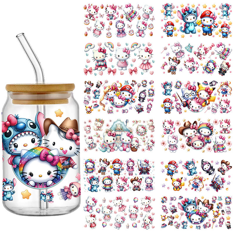 Sanrio Hello Kitty Coffee Can Glass Wrap, Ponto com amigos para Libbey, 3D impermeável, UV DTF, 16oz