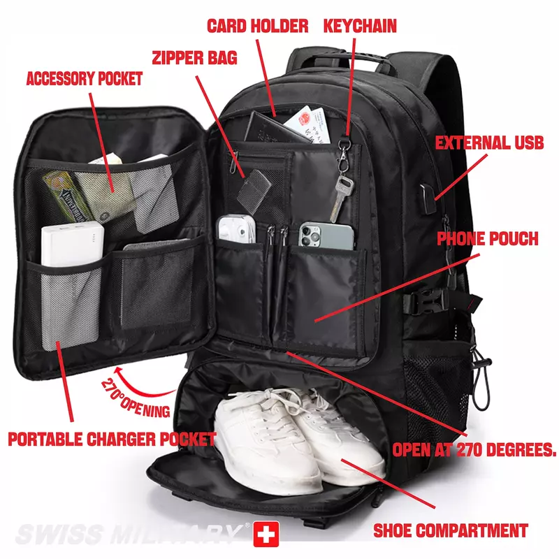 Mochila de viaje militar SWISS para hombre, bolsa de negocios impermeable, bolso de hombro expandible con USB, gran capacidad, 17,3
