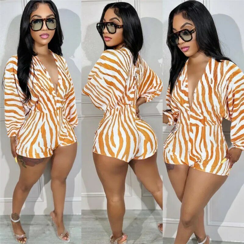Shorts Jumpsuit Women Autumn Fashion Pit Strip Printed Long Sleeved V Neck Sexy Jumpsuit Elastic Strap Street African Bodysuit
