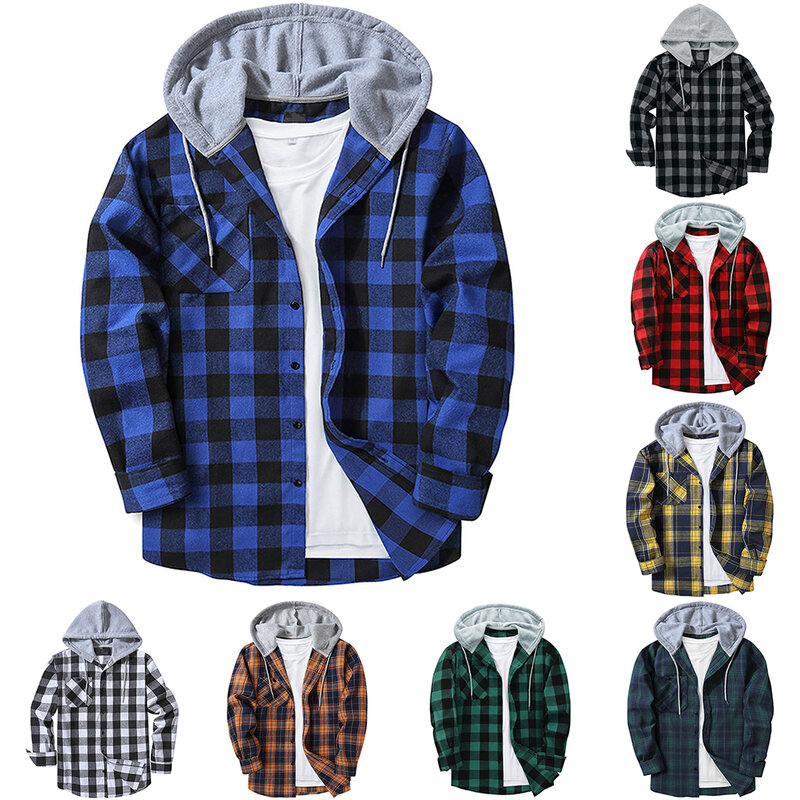 Camisas com capuz de manga comprida xadrez masculina, tops com cordão de botão, cardigan com botão, casaco masculino, tops masculinos com capuz