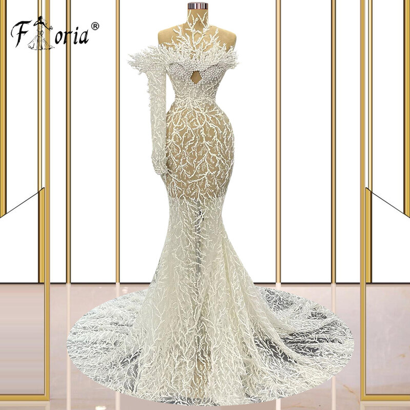 Elegante Dubai Sereia Formal Vestidos de noite Beads 3D Apliques Lace Runway Party Vestidos Pérolas Prom Dress 2023 Robe De Soiree