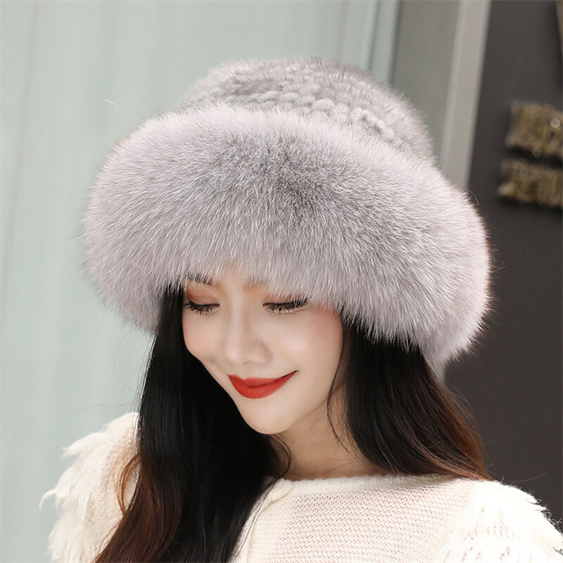 2022 chapéus de pele de raposa feminina novos chapéus de pele de vison de tricô à prova de vento quente earmuffs chapéus de inverno chapéus de pele de raposa russa chapéus de vison