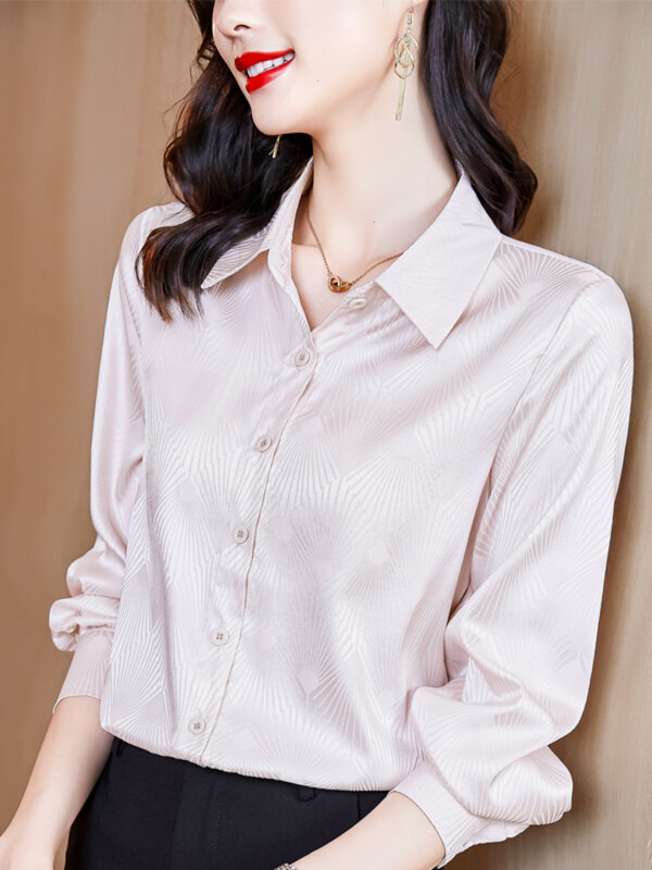 Camisa de seda jacquard feminina blusas sólidas para mulher botão de cetim para cima roupas femininas polo pescoço manga longa topo feminino camisas básicas