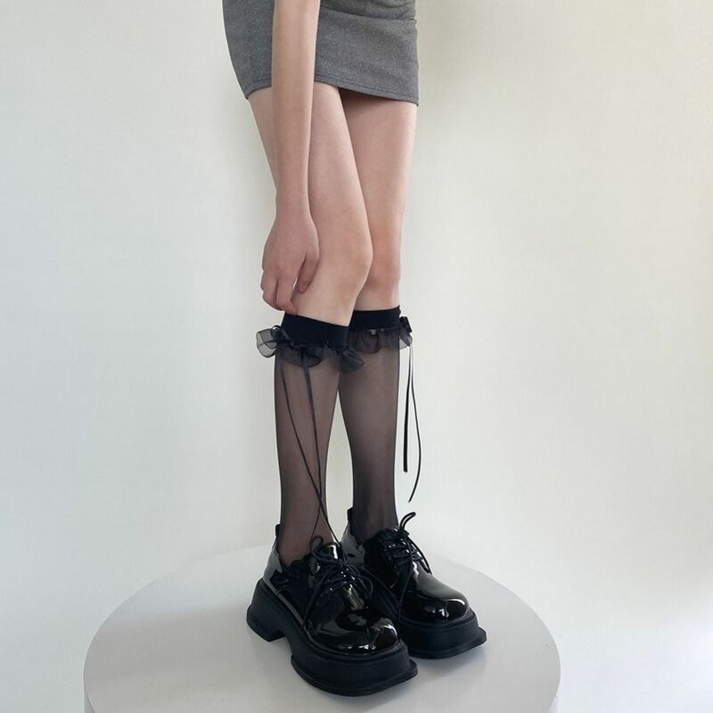 Летние ультратонкие шелковые чулочно-носочные изделия для девочек от Balletcore, носки с бантом и лентой JK, Симпатичные кружевные прозрачные носки в стиле "Лолита"