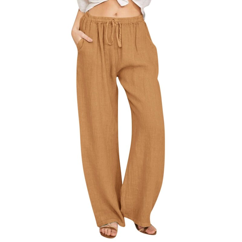 Damska bawełniana lniane spodnie luźna, solidna proste spodnie ze sznurkiem z kieszeniami damska szerokie spodnie nogi odzież uliczna