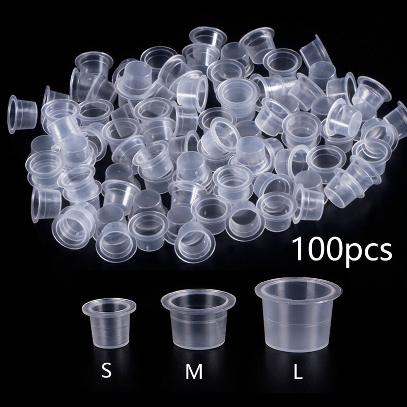 ทิ้ง100Pc S/M/L พลาสติกสักถ้วยหมึกแต่งหน้าถาวร Pigment Clear คอนเทนเนอร์หมวกอุปกรณ์เสริมสัก