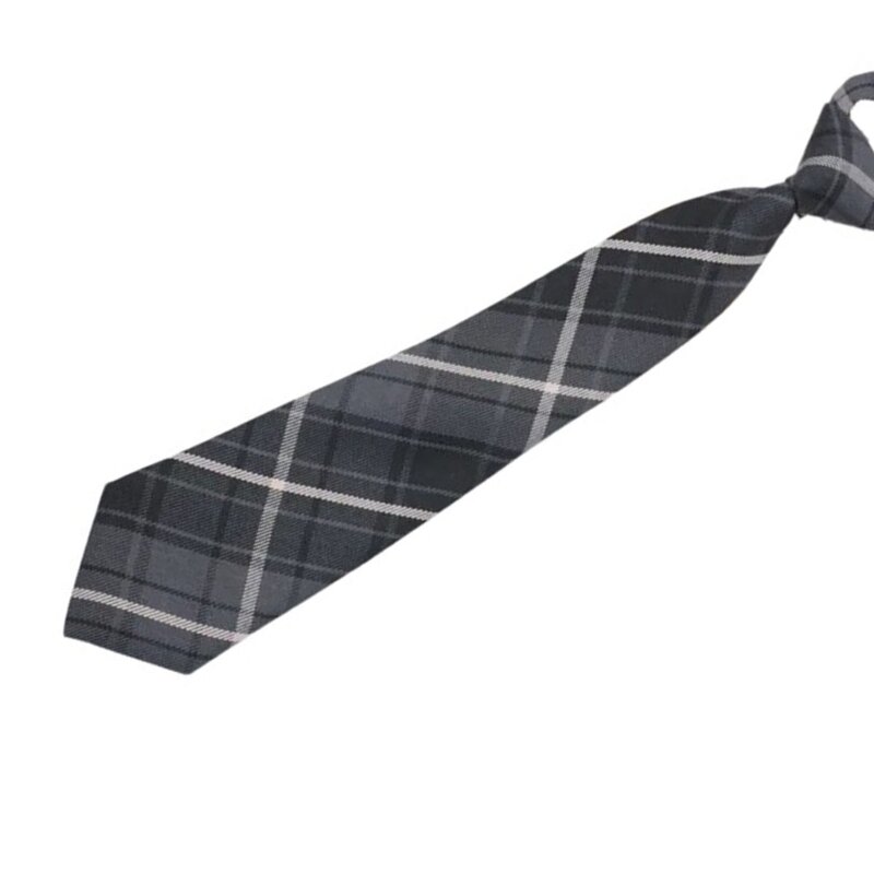 50JB Vintage Gray Checkered Neck Tie School Student Uniform Pre-Tied Adjusted Necktie JK Bowtie for Formal Wear Business