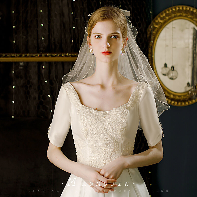 Velo de novia de perlas de 2 capas, lazo de cinta con peine, velo de novia blanco marfil, accesorios de boda para novia