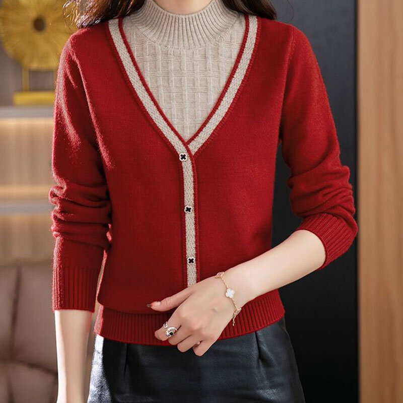 Knitted False Two-piece Women Top Half Height Collar Color Contrast Thick Black Three Button Korean Style Sweaters Patchwork