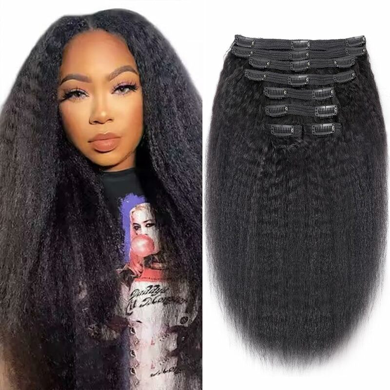Kinky Straight Clip In Hair Extensions 120G 8Pcs/Set Natural Black Hair Brazilian Real Human Hairpiece For Women 12 To 26 Inches