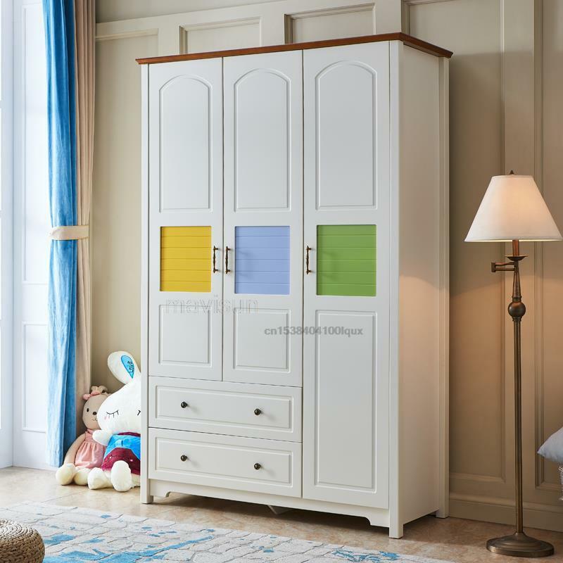 Armario nórdico Simple y moderno de tres puertas para el hogar, dormitorio, puerta abierta, blanco, armario de madera maciza para niños, muebles de ropa