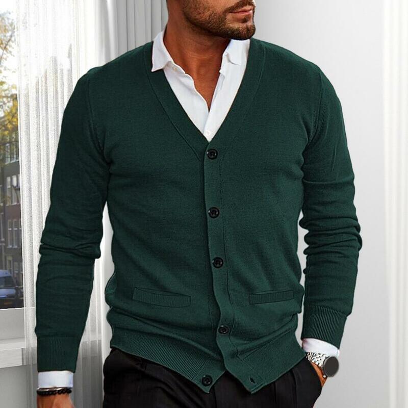 Suéter masculino de manga comprida com decote em v, cardigã slim fit, suéter macio de malha, casaco elegante com botões, casual e quente, elegante