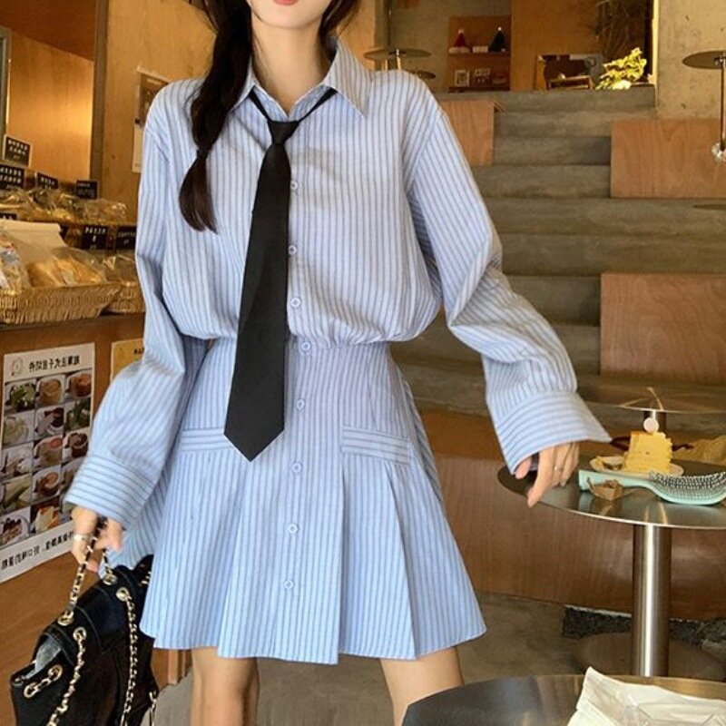Spring Women Dress Suit Fashion College Style Long Sleeve Loose Sweatshirt Coat Shirt Style Striped Mini Dress 2pcs Matching Set