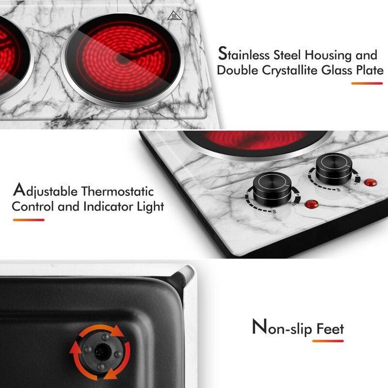 Control Portable Electric Stove Countertop Electric Burner Infrared Electric Cooktop, Stainless Steel White Marble