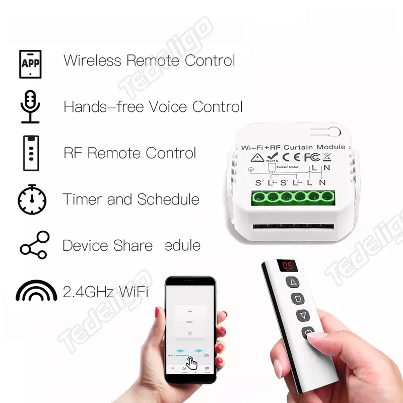 Tuya WiFi Curtain Switch Electric Rolling Shutter with RF 433 MHz 5CH Remote Control for App Smart Life Google Home Alexa Alice