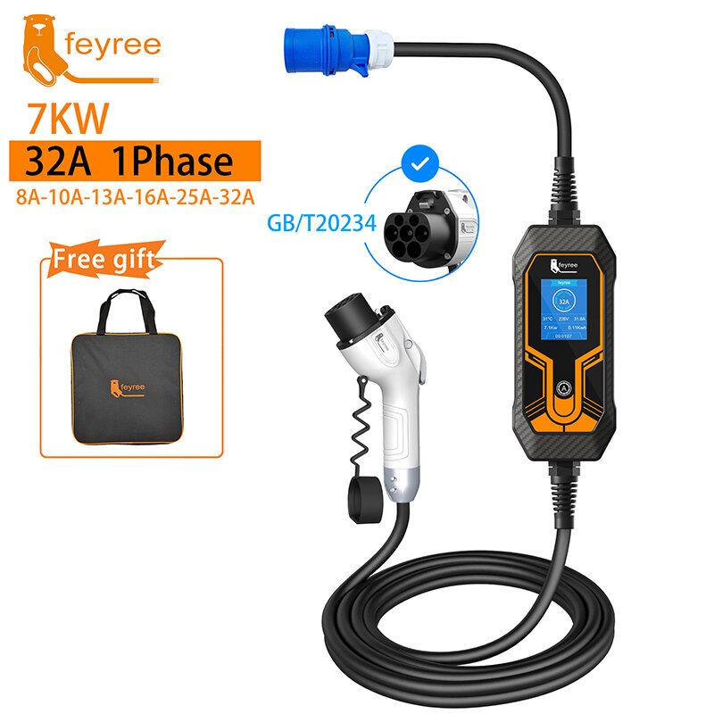 Feyree Draagbare Ev Charger Wallbox Gb/T Koord 16A Kabel 3.5KW 1 Fase 32A 7KW Laadstation 11KW 3 fase Voor Elektrische Auto
